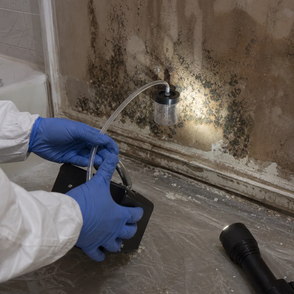 Professional technician performing mold air quality testing in a water-damaged building.