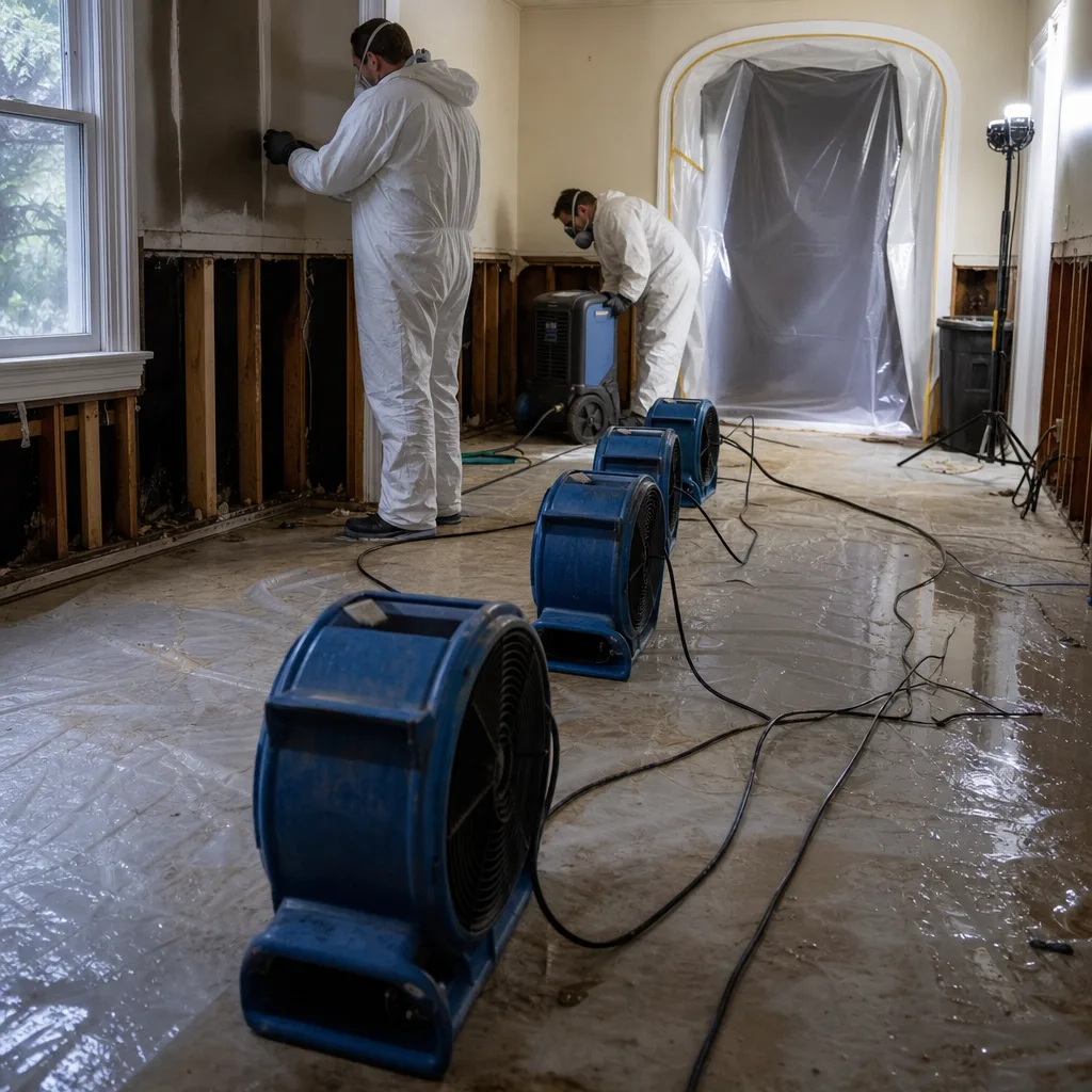 Technicians performing professional storm damage restoration in a water-damaged room