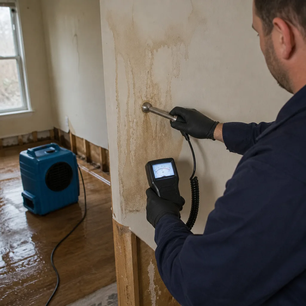 Professional restoration expert testing wall moisture after storm damage.