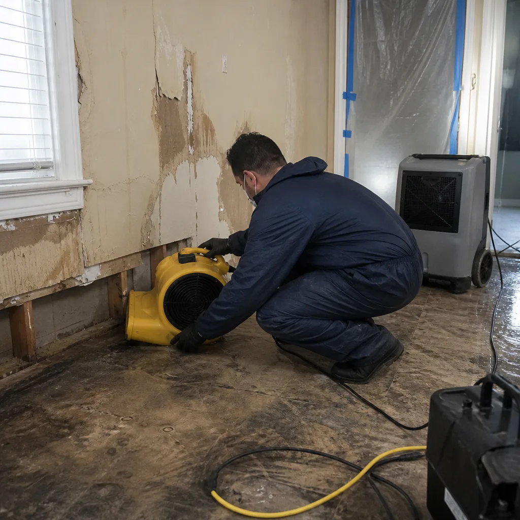 Restoration specialist using industrial fan and dehumidifier for water damage repair