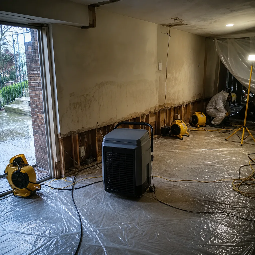 Technician performing professional water damage restoration in a residential basement